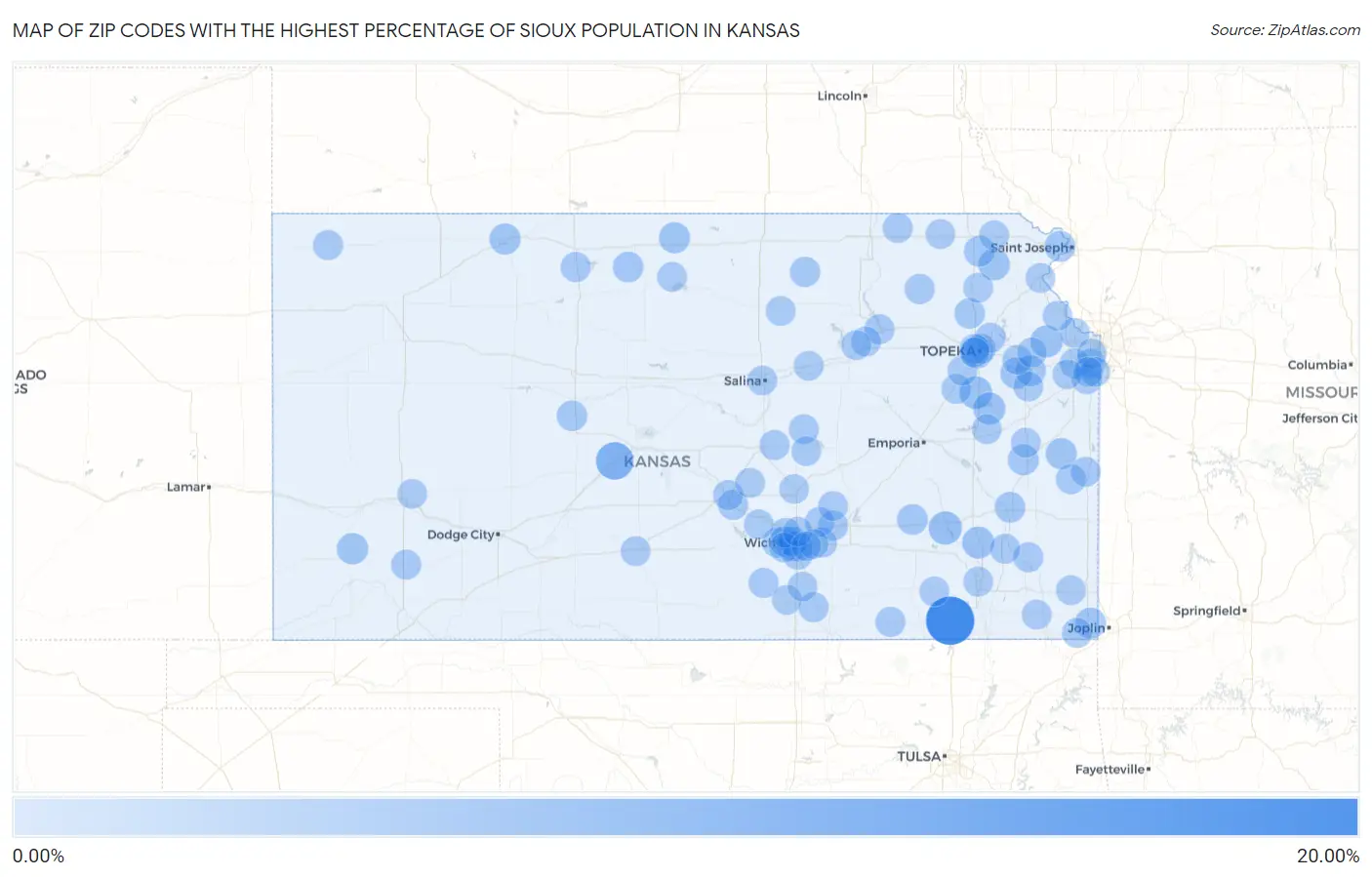 Zip Codes with the Highest Percentage of Sioux Population in Kansas Map