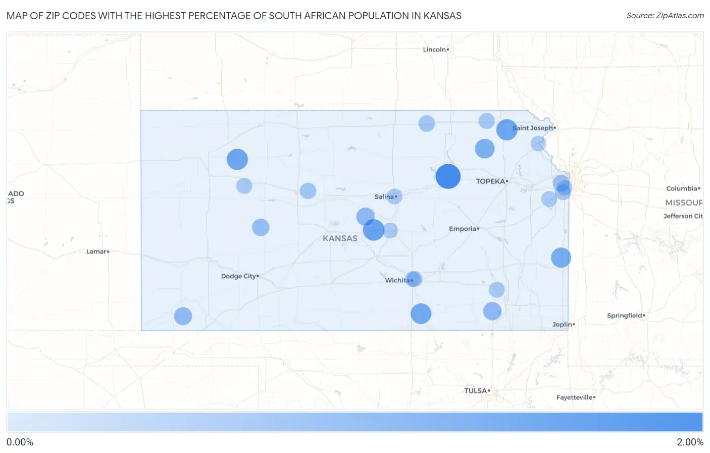 Zip Codes with the Highest Percentage of South African Population in Kansas Map