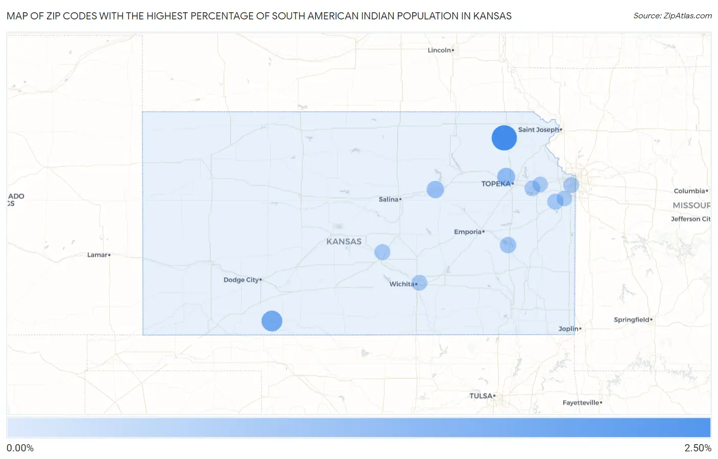 Zip Codes with the Highest Percentage of South American Indian Population in Kansas Map