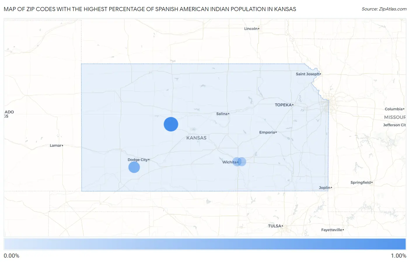 Zip Codes with the Highest Percentage of Spanish American Indian Population in Kansas Map