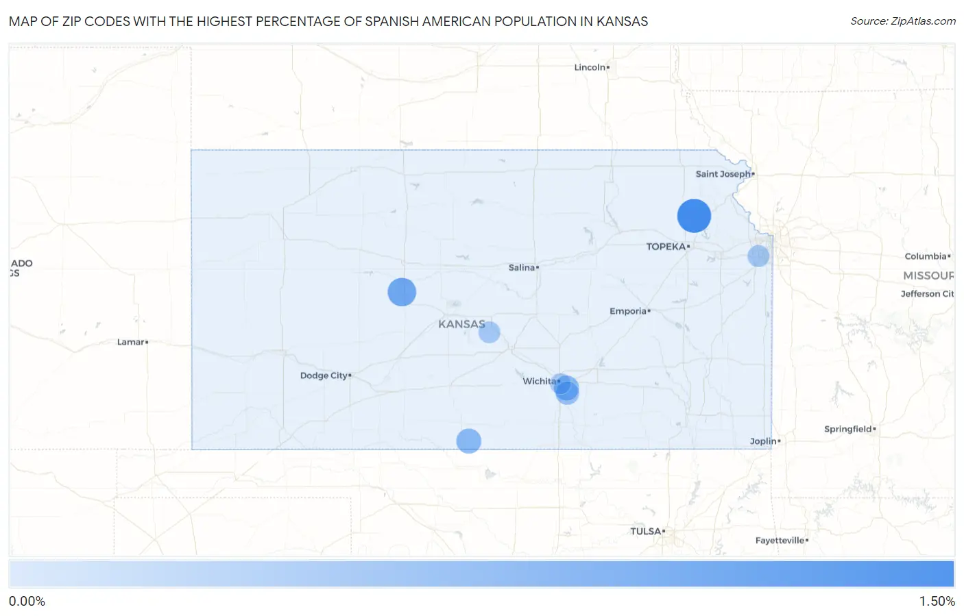Zip Codes with the Highest Percentage of Spanish American Population in Kansas Map