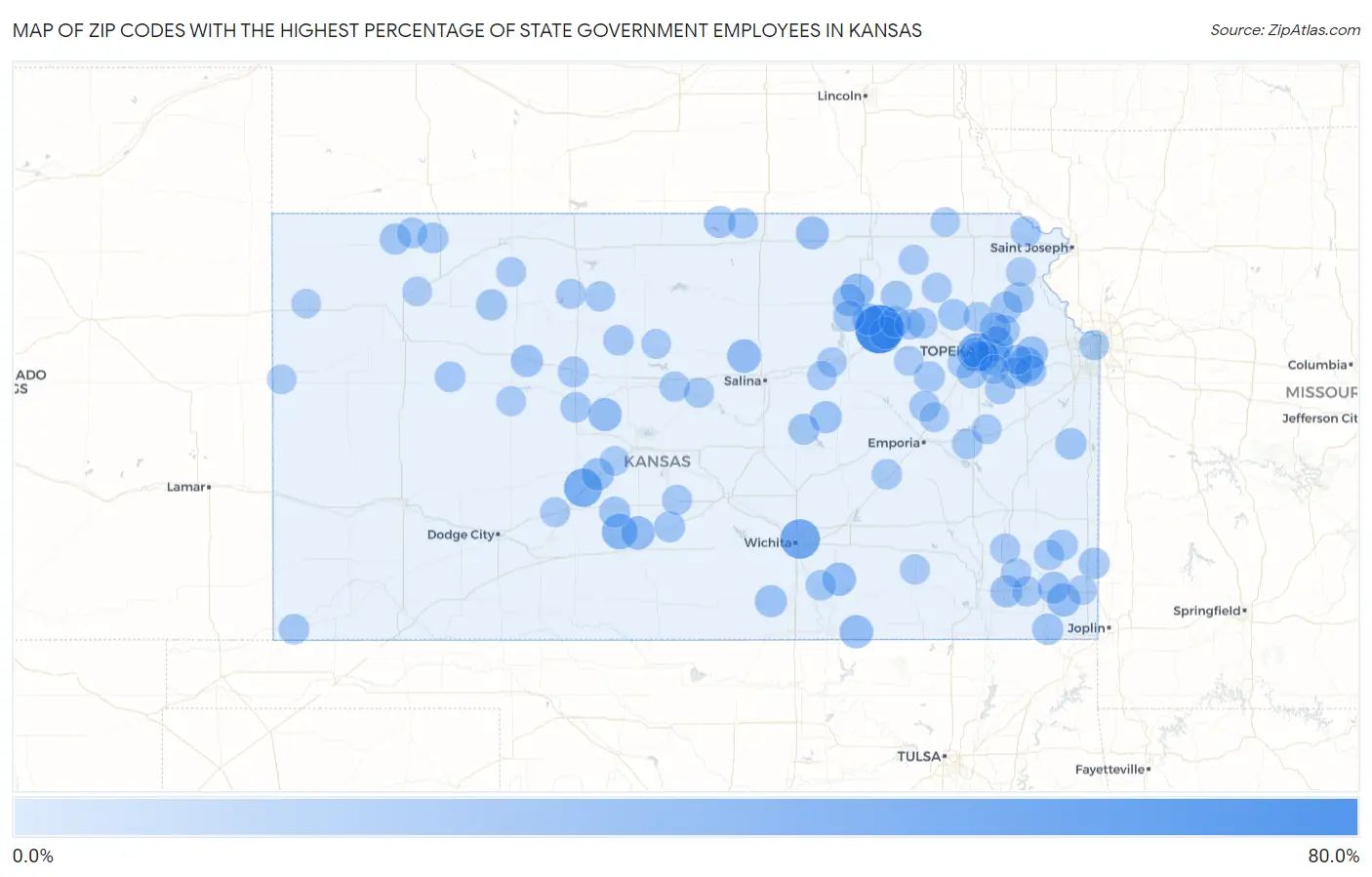 Zip Codes with the Highest Percentage of State Government Employees in Kansas Map