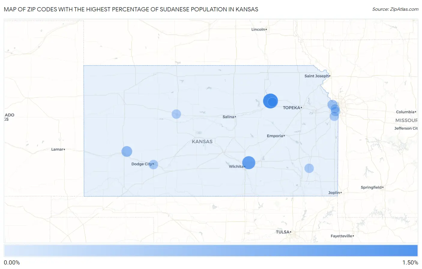 Zip Codes with the Highest Percentage of Sudanese Population in Kansas Map