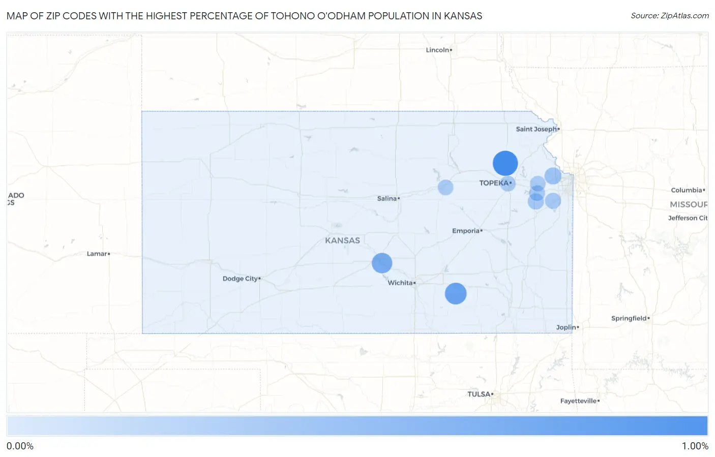 Zip Codes with the Highest Percentage of Tohono O'Odham Population in Kansas Map