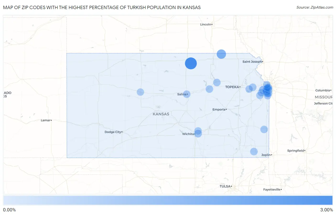 Zip Codes with the Highest Percentage of Turkish Population in Kansas Map