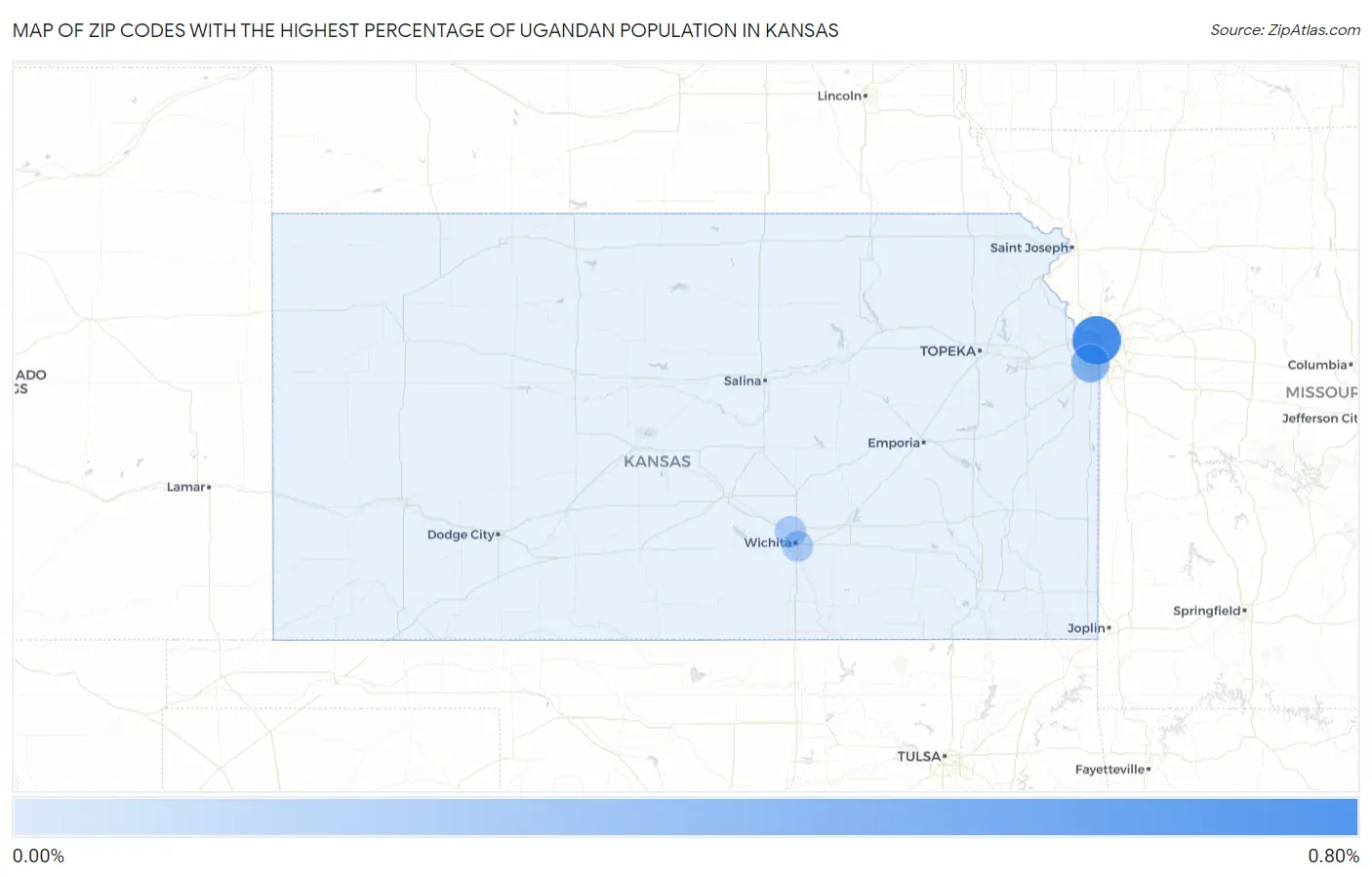 Zip Codes with the Highest Percentage of Ugandan Population in Kansas Map