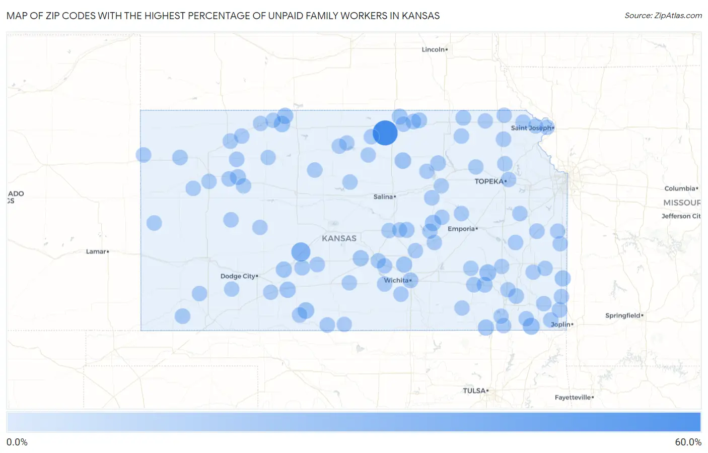 Zip Codes with the Highest Percentage of Unpaid Family Workers in Kansas Map