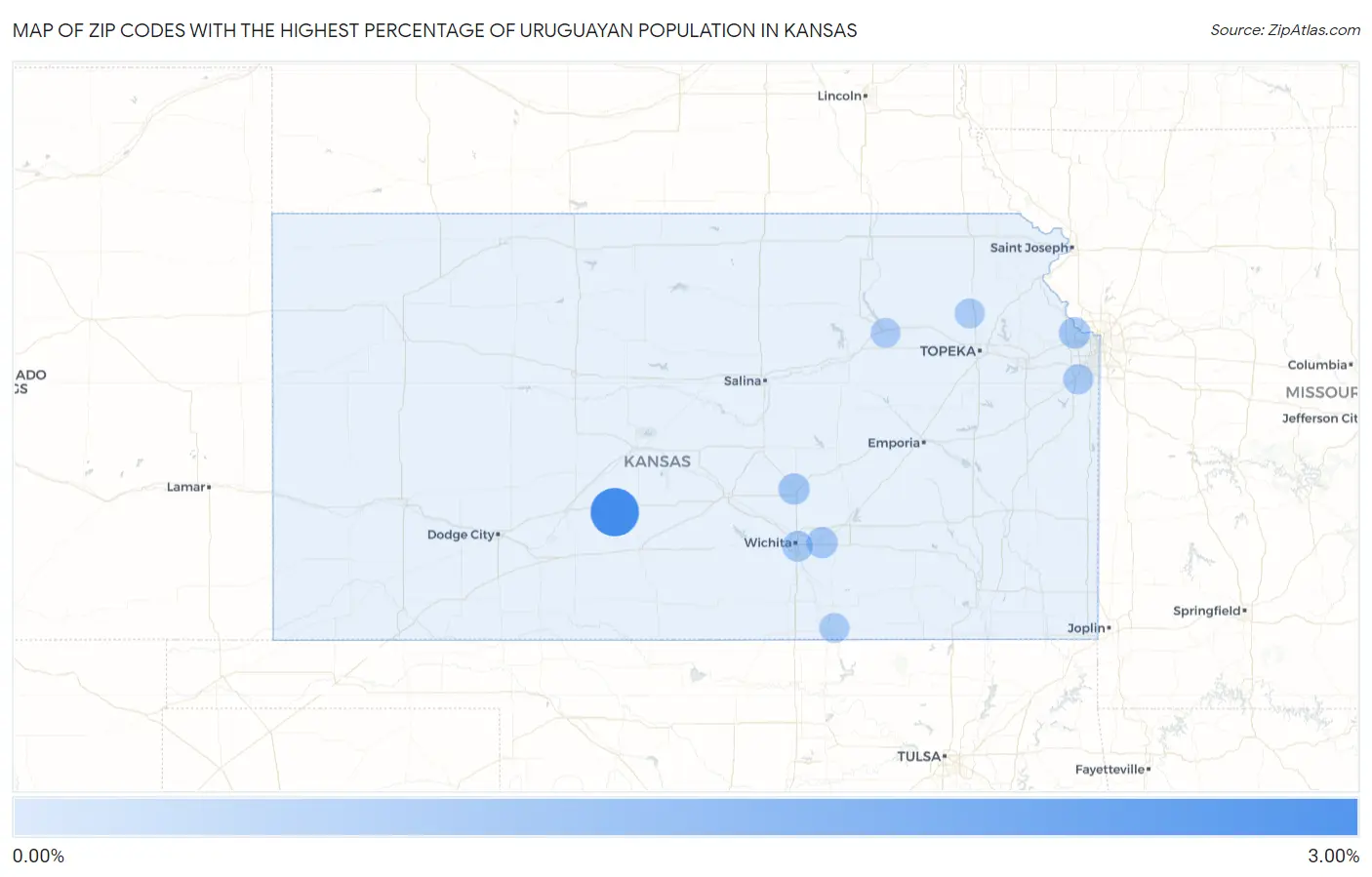 Zip Codes with the Highest Percentage of Uruguayan Population in Kansas Map