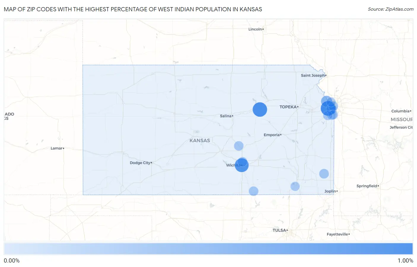 Zip Codes with the Highest Percentage of West Indian Population in Kansas Map