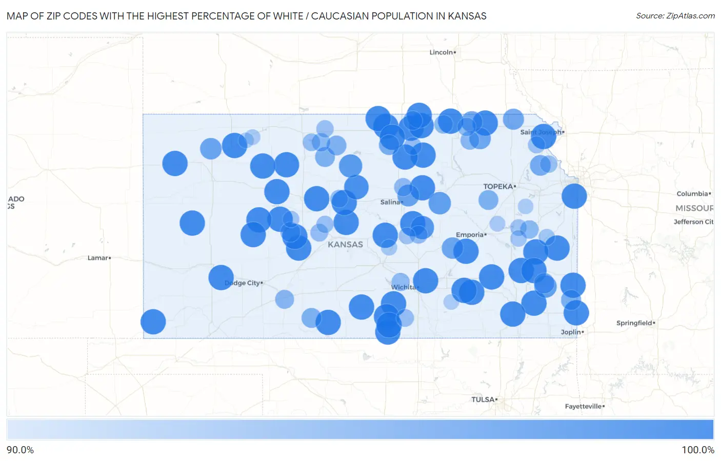 Zip Codes with the Highest Percentage of White / Caucasian Population in Kansas Map