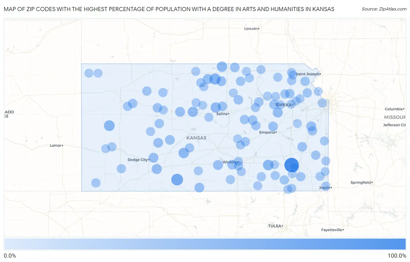 Zip Codes with the Highest Percentage of Population with a Degree in Arts and Humanities in Kansas Map