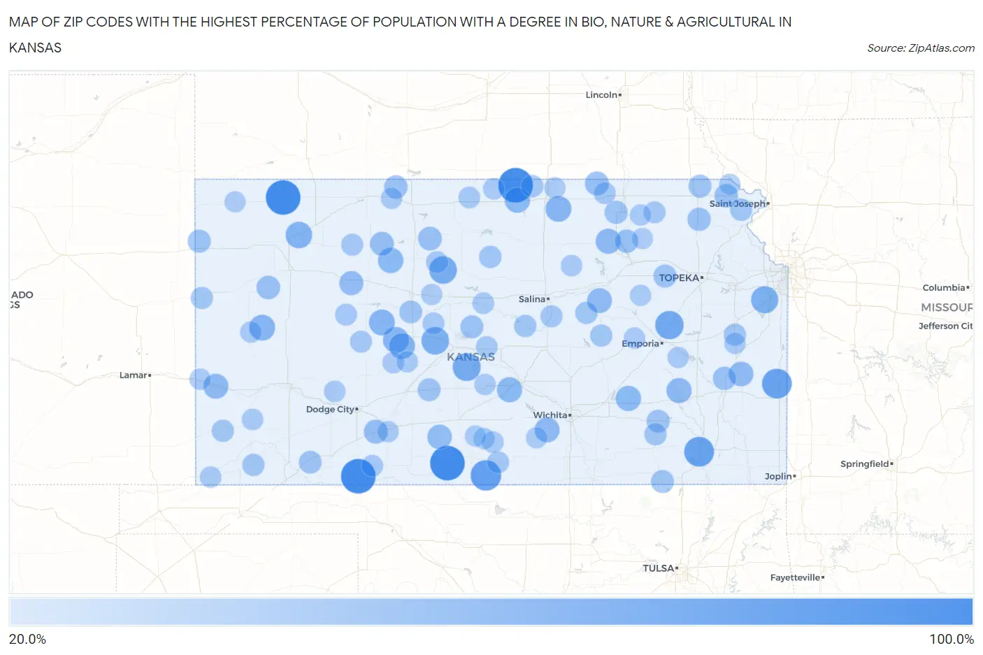 Zip Codes with the Highest Percentage of Population with a Degree in Bio, Nature & Agricultural in Kansas Map
