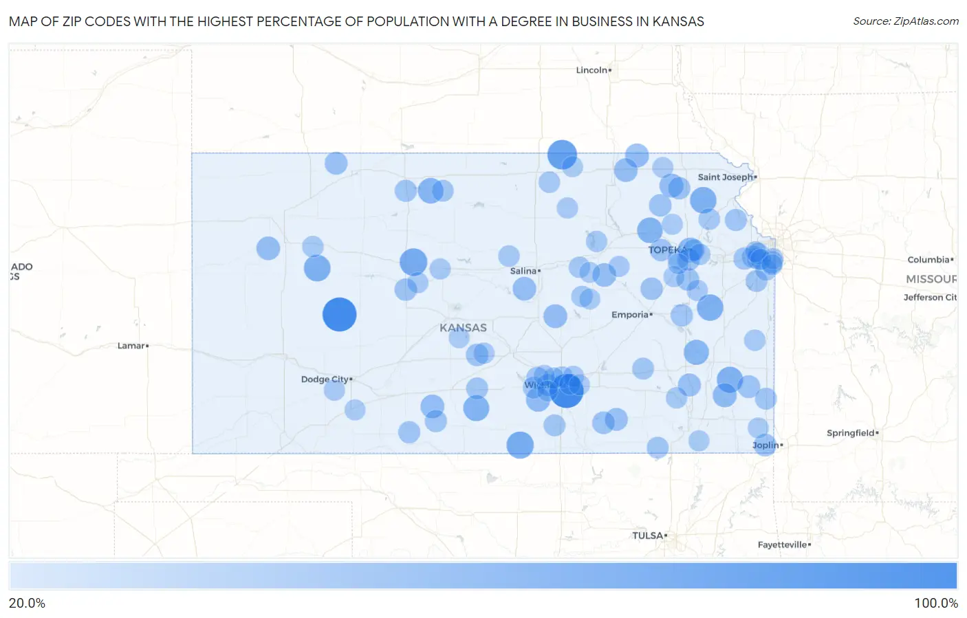 Zip Codes with the Highest Percentage of Population with a Degree in Business in Kansas Map