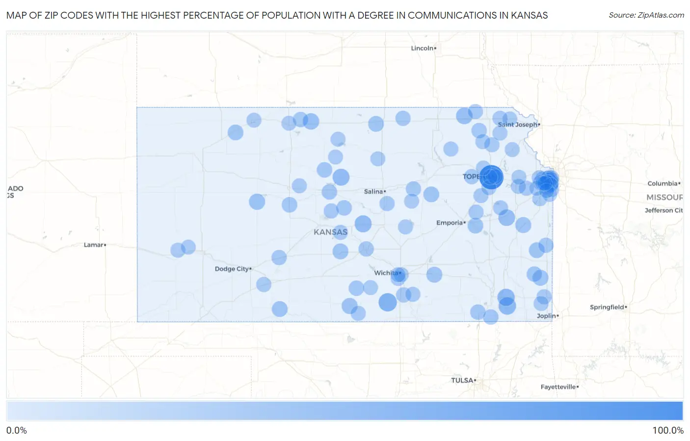Zip Codes with the Highest Percentage of Population with a Degree in Communications in Kansas Map
