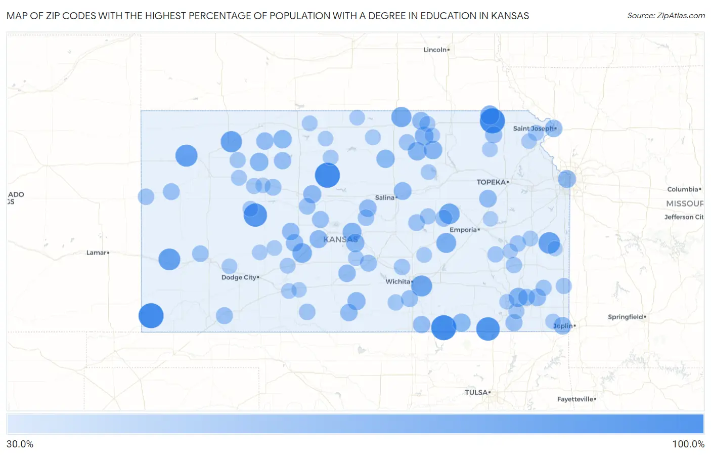 Zip Codes with the Highest Percentage of Population with a Degree in Education in Kansas Map