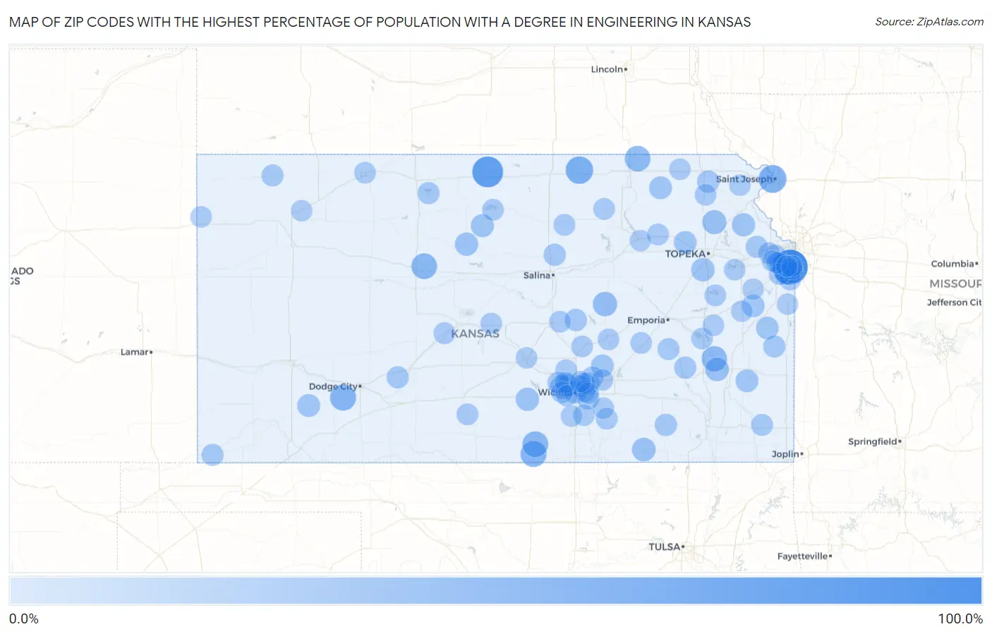 Zip Codes with the Highest Percentage of Population with a Degree in Engineering in Kansas Map