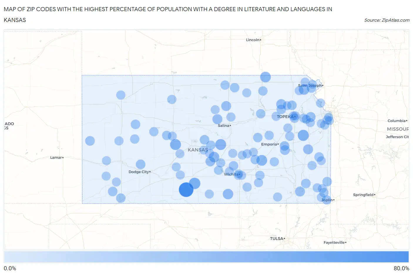 Zip Codes with the Highest Percentage of Population with a Degree in Literature and Languages in Kansas Map