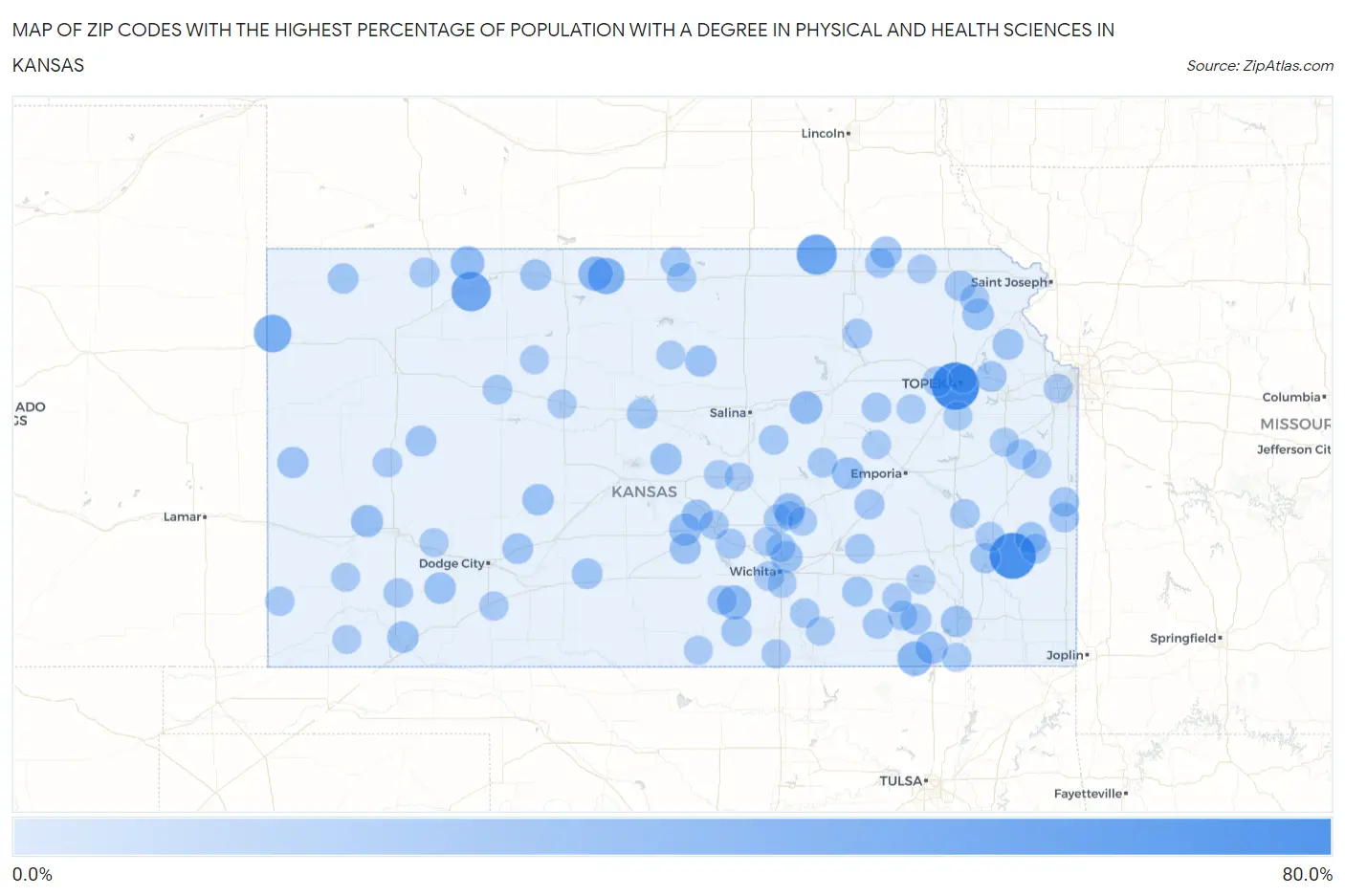 Zip Codes with the Highest Percentage of Population with a Degree in Physical and Health Sciences in Kansas Map