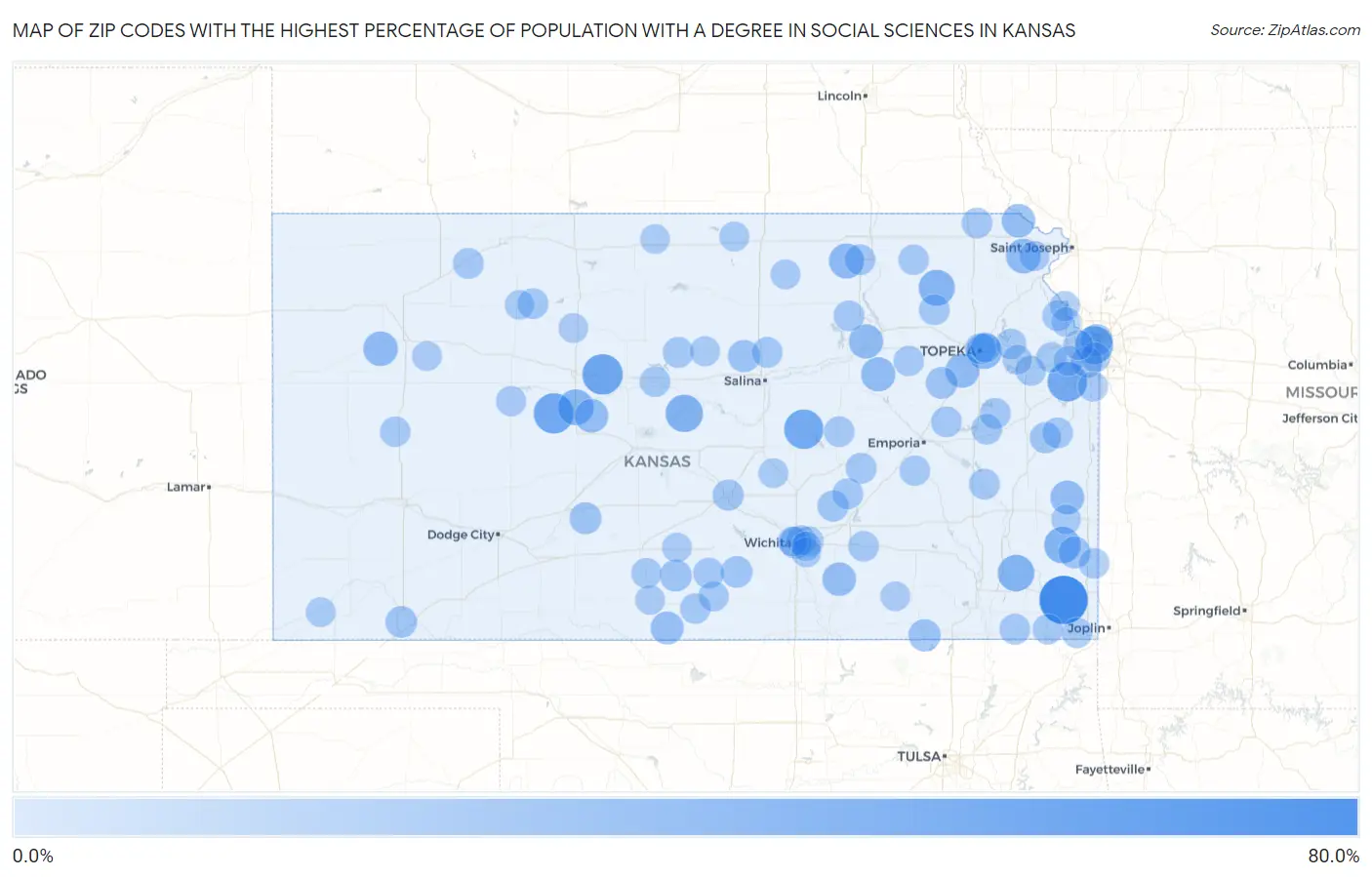 Zip Codes with the Highest Percentage of Population with a Degree in Social Sciences in Kansas Map