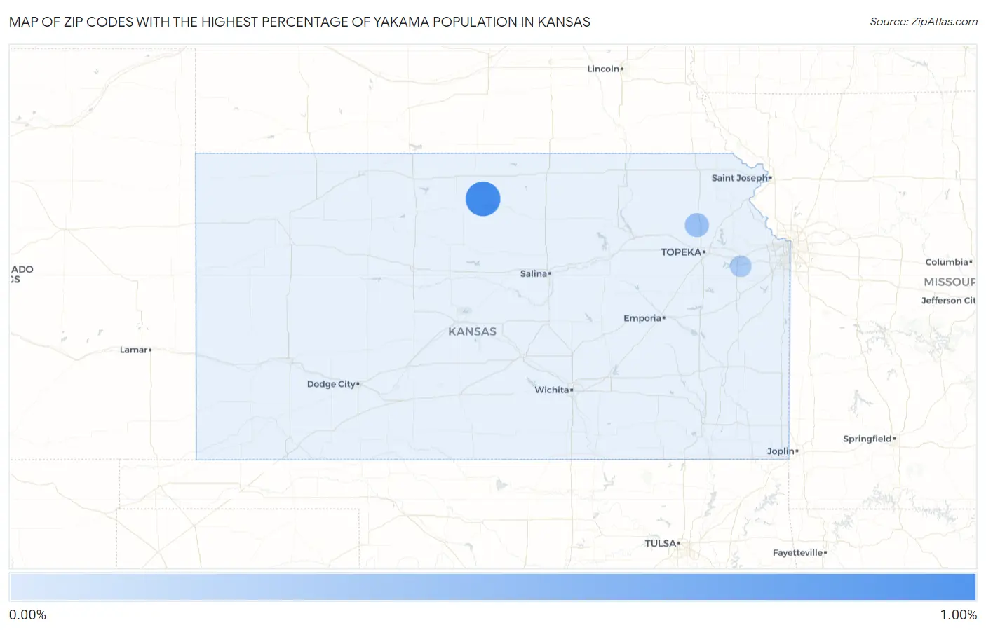 Zip Codes with the Highest Percentage of Yakama Population in Kansas Map