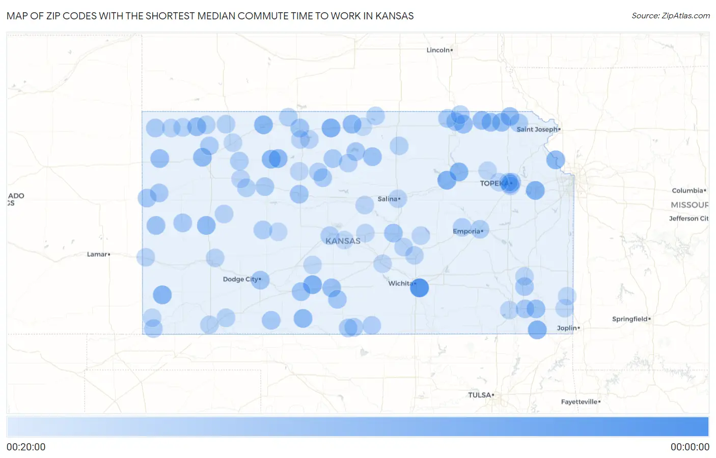 Zip Codes with the Shortest Median Commute Time to Work in Kansas Map