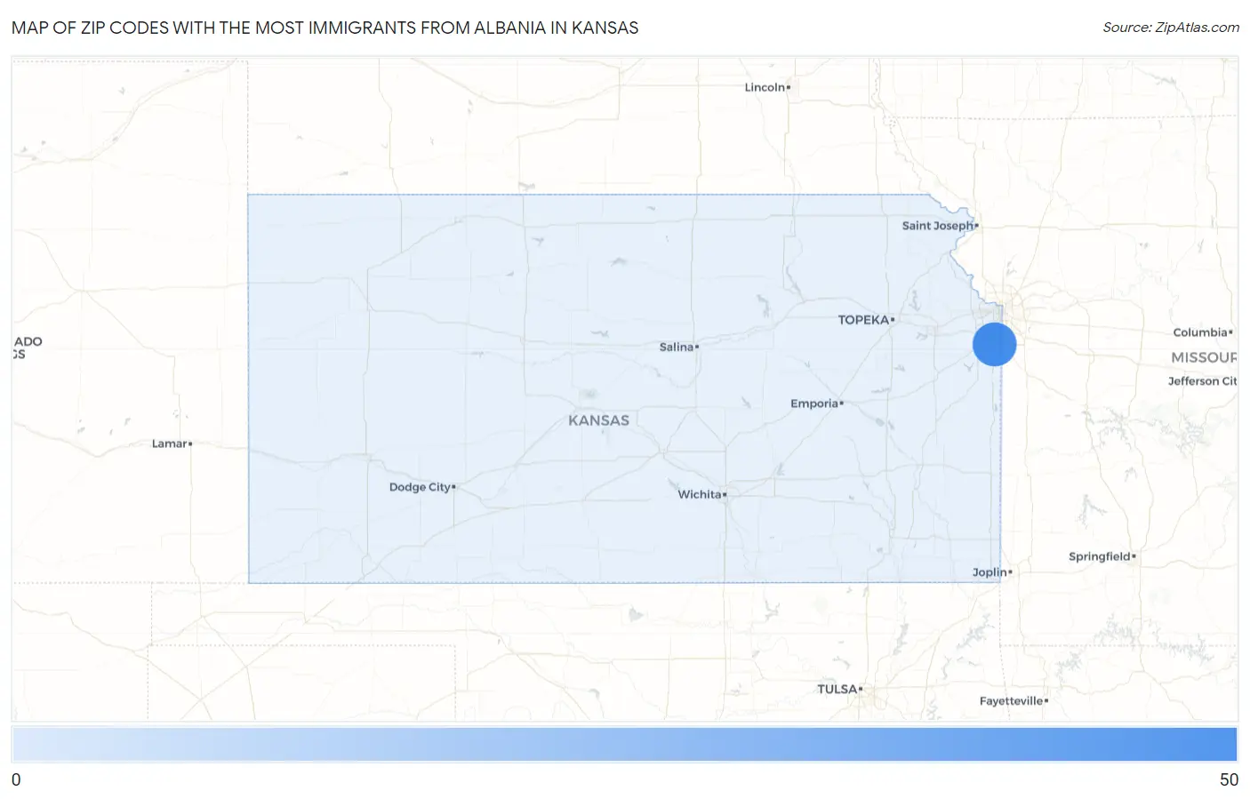 Zip Codes with the Most Immigrants from Albania in Kansas Map