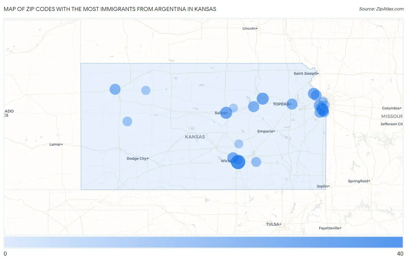 Zip Codes with the Most Immigrants from Argentina in Kansas Map