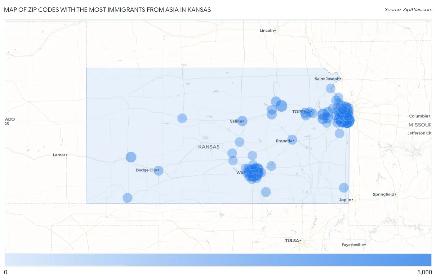 Zip Codes with the Most Immigrants from Asia in Kansas Map