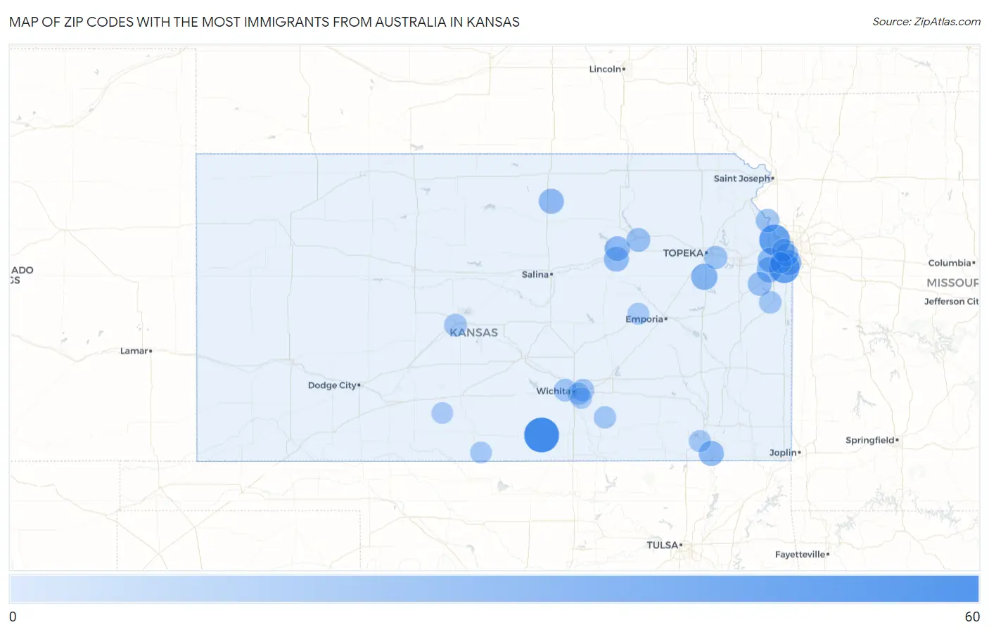Zip Codes with the Most Immigrants from Australia in Kansas Map