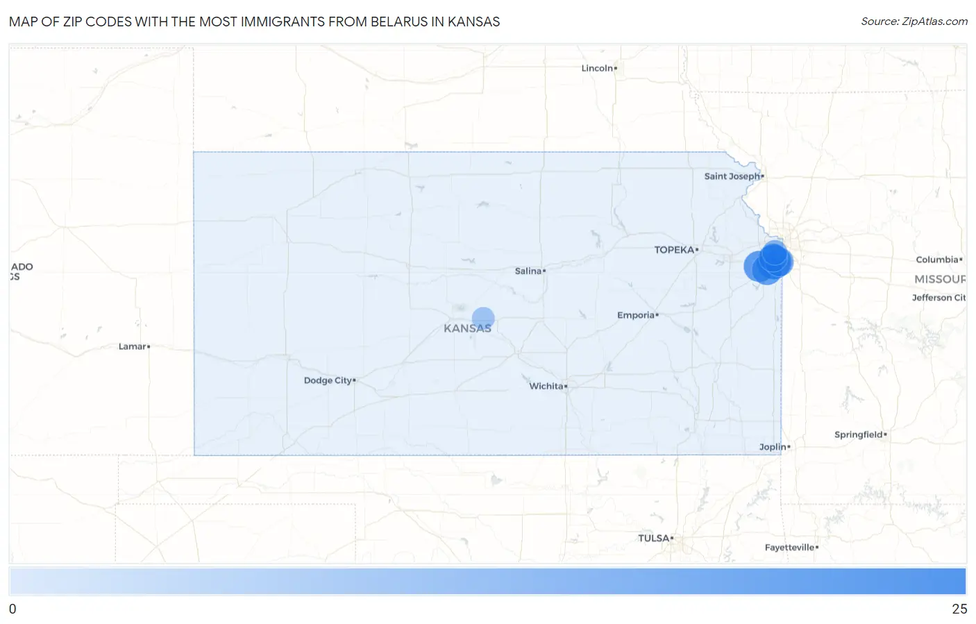 Zip Codes with the Most Immigrants from Belarus in Kansas Map