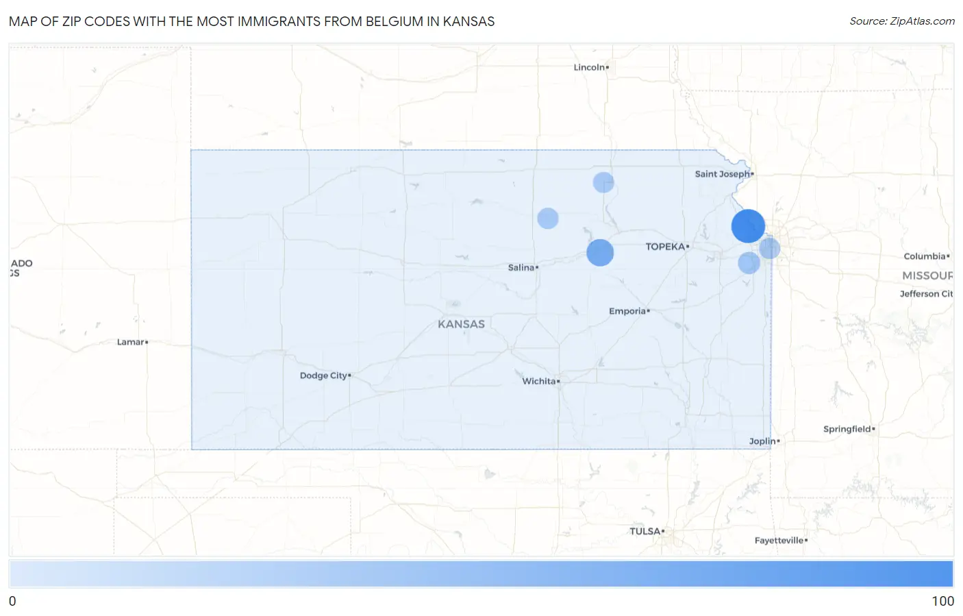 Zip Codes with the Most Immigrants from Belgium in Kansas Map