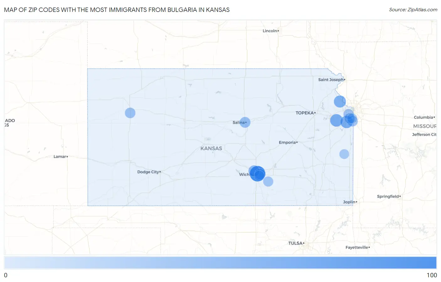 Zip Codes with the Most Immigrants from Bulgaria in Kansas Map