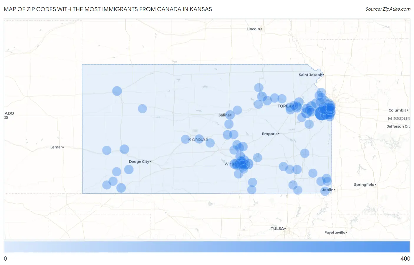 Zip Codes with the Most Immigrants from Canada in Kansas Map