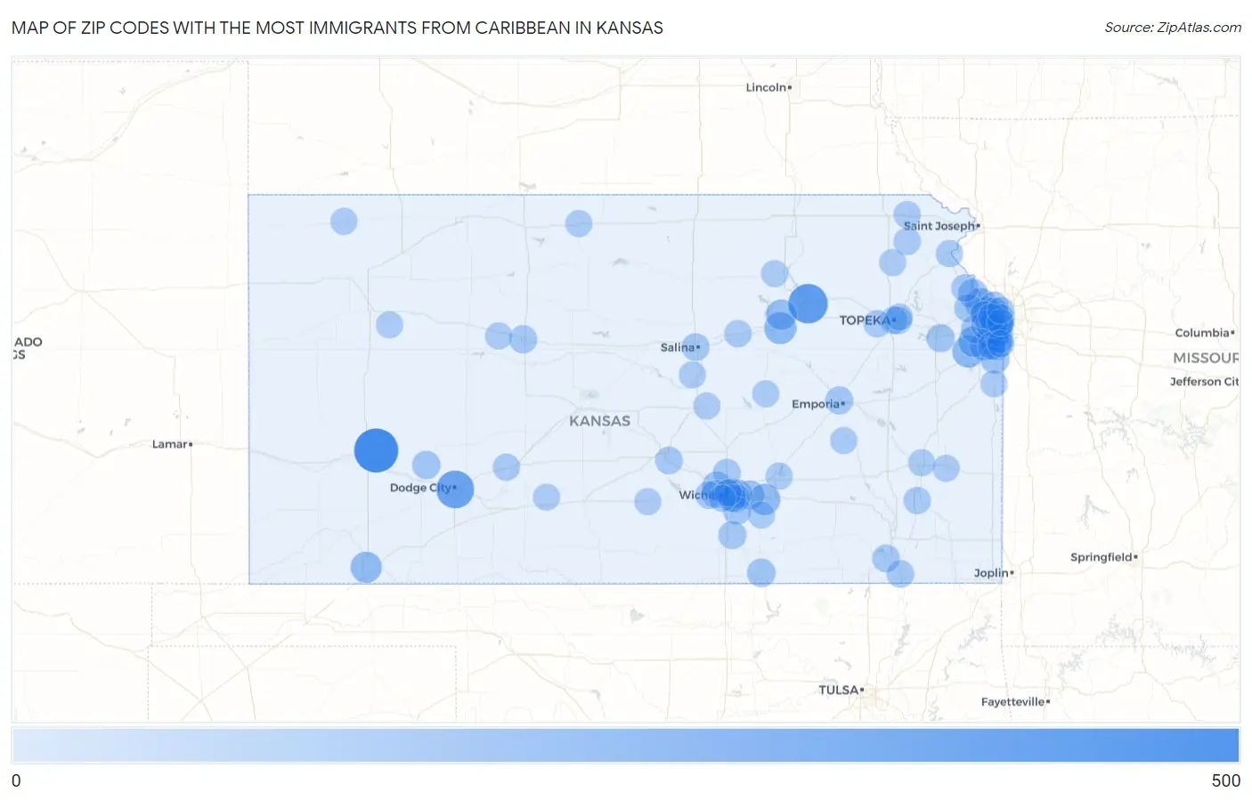 Zip Codes with the Most Immigrants from Caribbean in Kansas Map