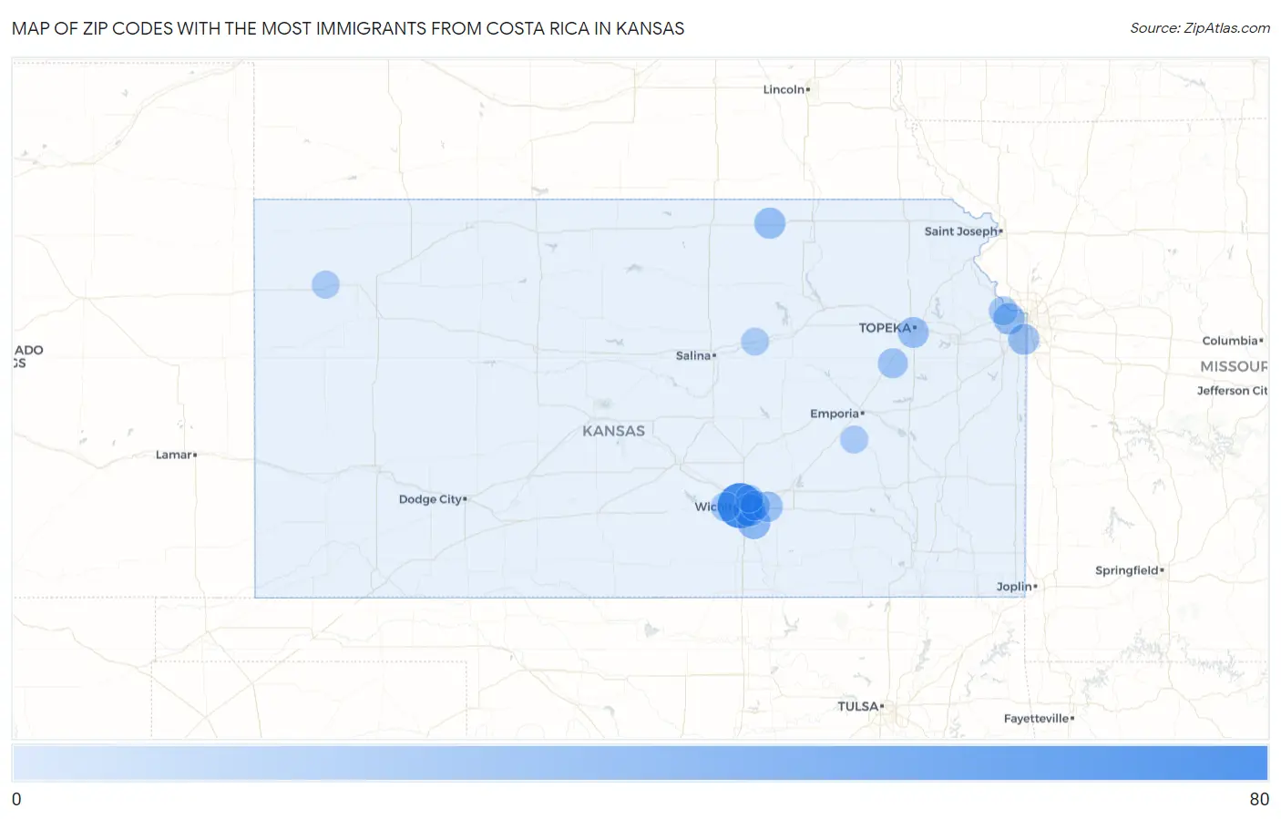 Zip Codes with the Most Immigrants from Costa Rica in Kansas Map