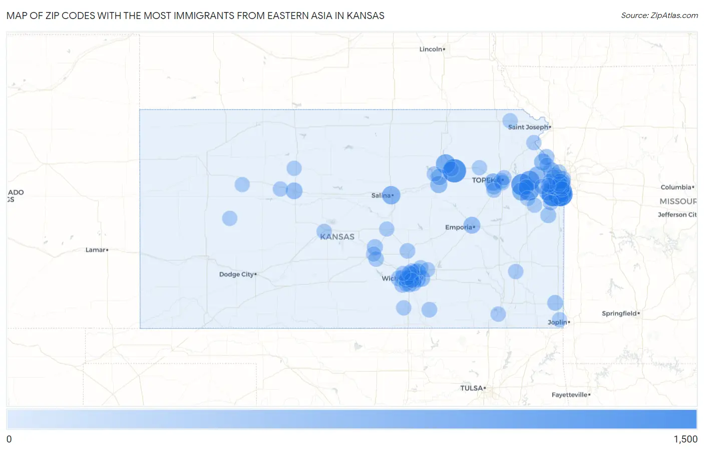 Zip Codes with the Most Immigrants from Eastern Asia in Kansas Map