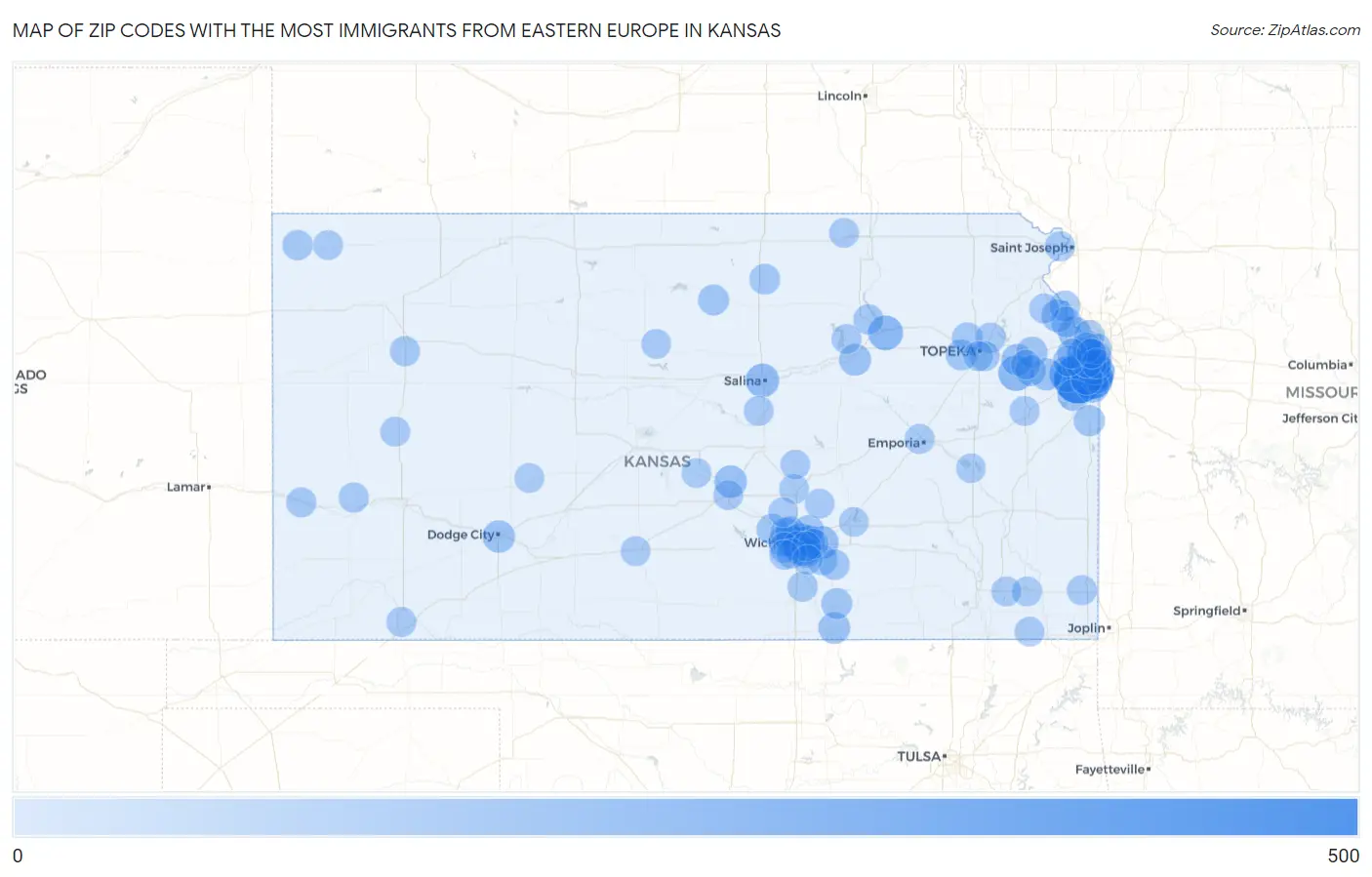 Zip Codes with the Most Immigrants from Eastern Europe in Kansas Map