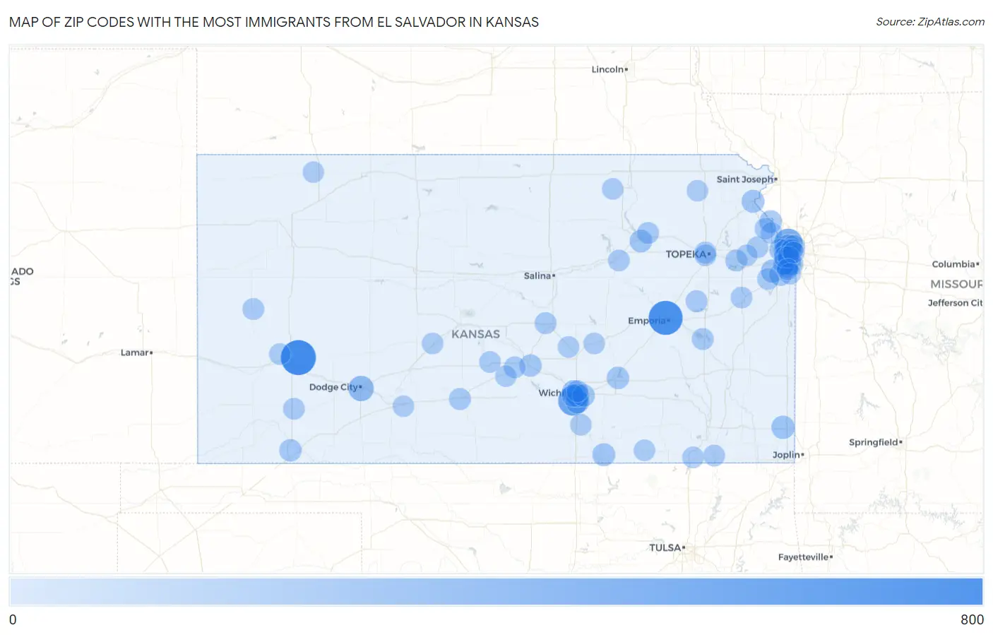 Zip Codes with the Most Immigrants from El Salvador in Kansas Map