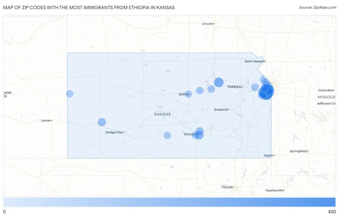 Zip Codes with the Most Immigrants from Ethiopia in Kansas Map