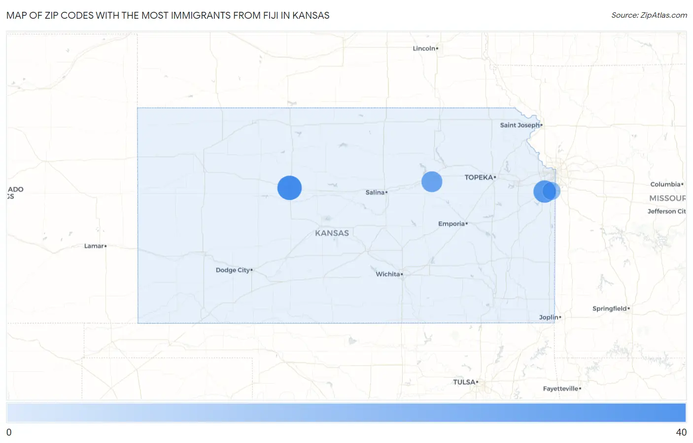 Zip Codes with the Most Immigrants from Fiji in Kansas Map
