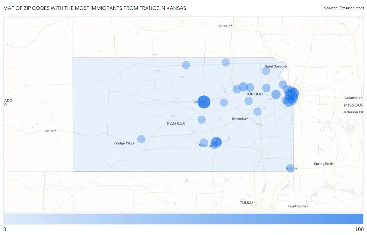 Zip Codes with the Most Immigrants from France in Kansas Map
