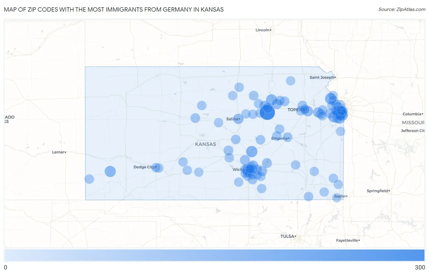 Zip Codes with the Most Immigrants from Germany in Kansas Map