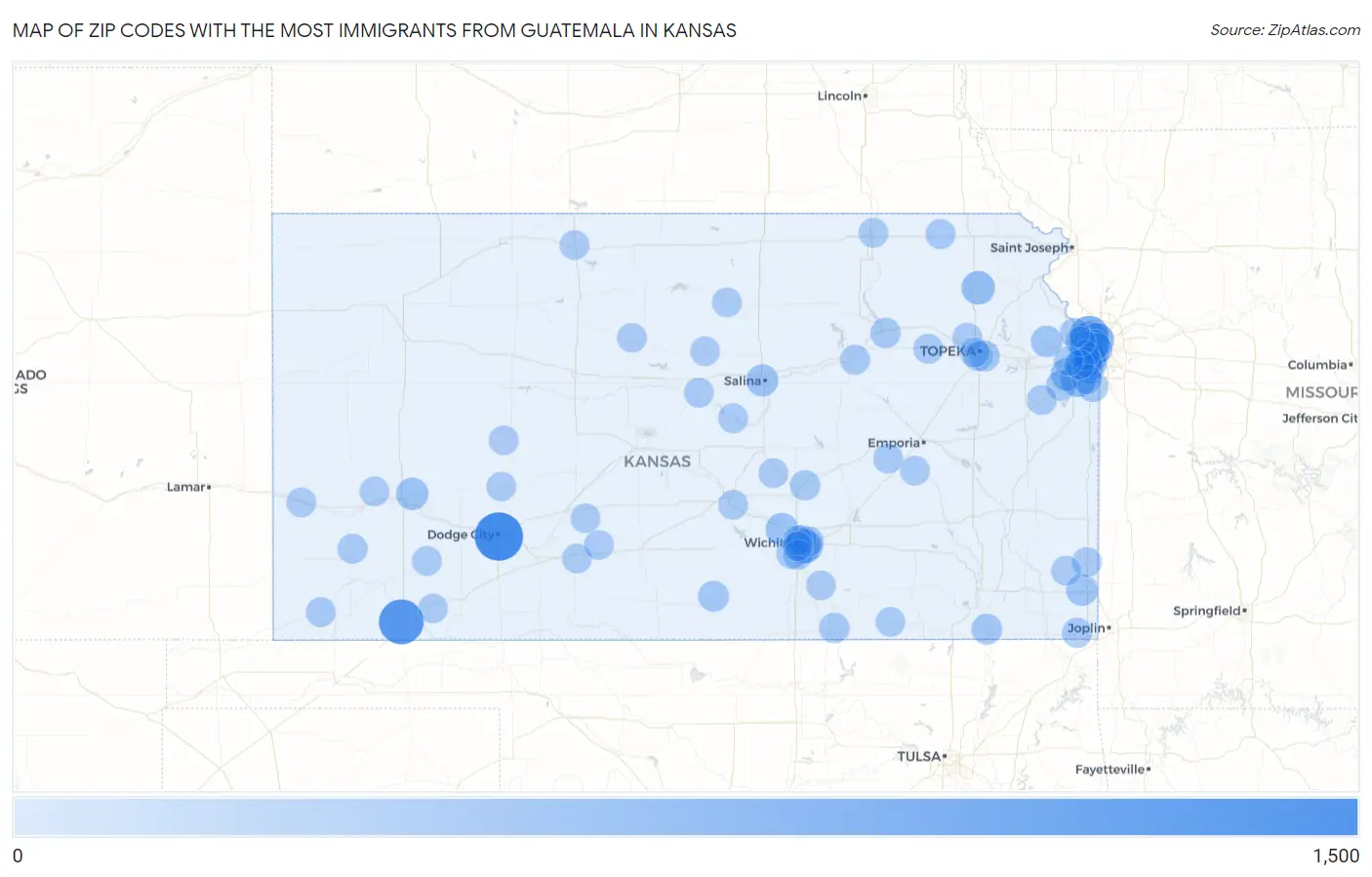 Zip Codes with the Most Immigrants from Guatemala in Kansas Map