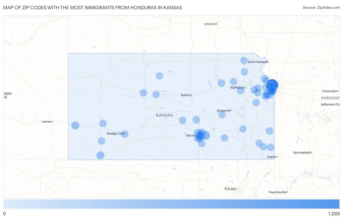 Zip Codes with the Most Immigrants from Honduras in Kansas Map