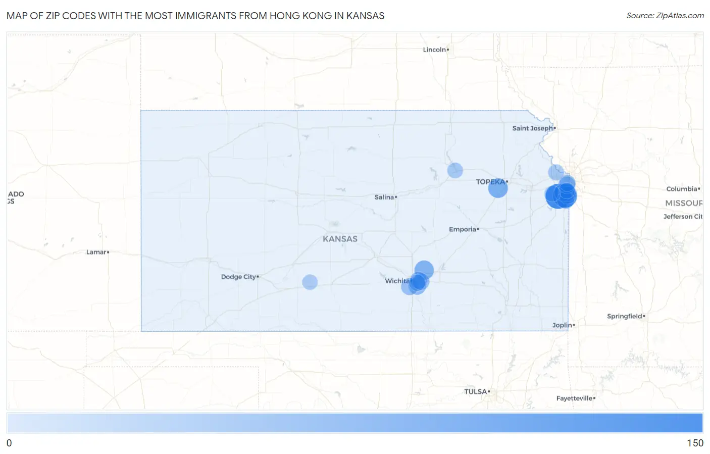 Zip Codes with the Most Immigrants from Hong Kong in Kansas Map