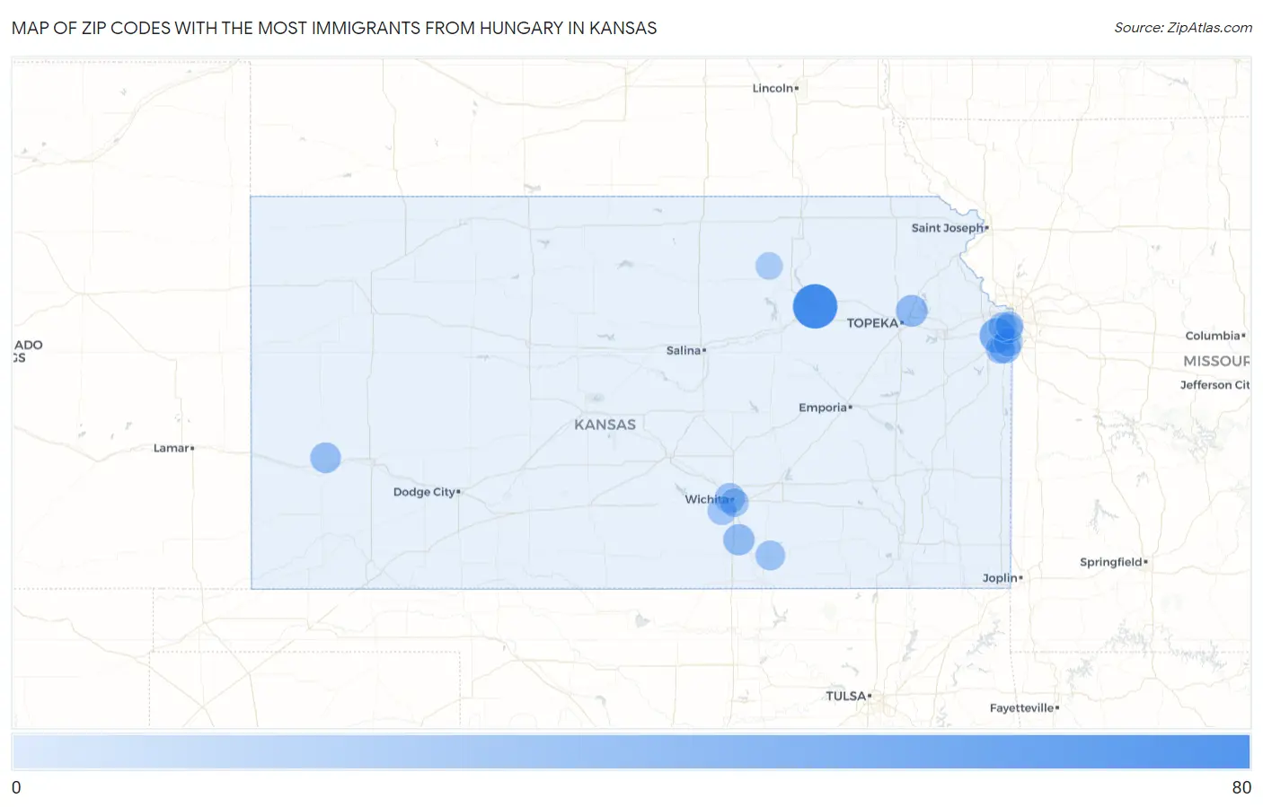 Zip Codes with the Most Immigrants from Hungary in Kansas Map