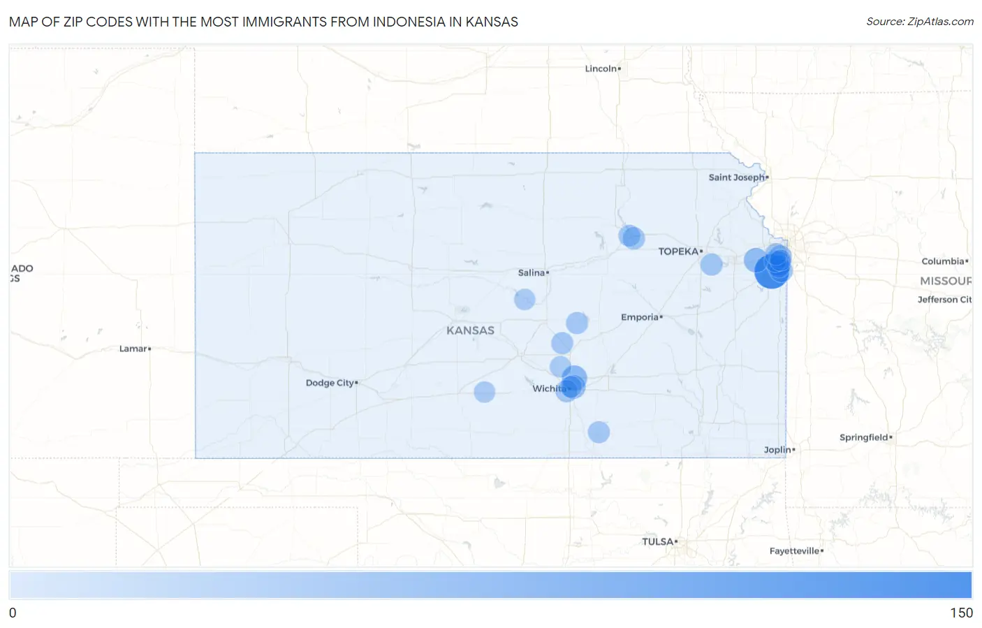 Zip Codes with the Most Immigrants from Indonesia in Kansas Map