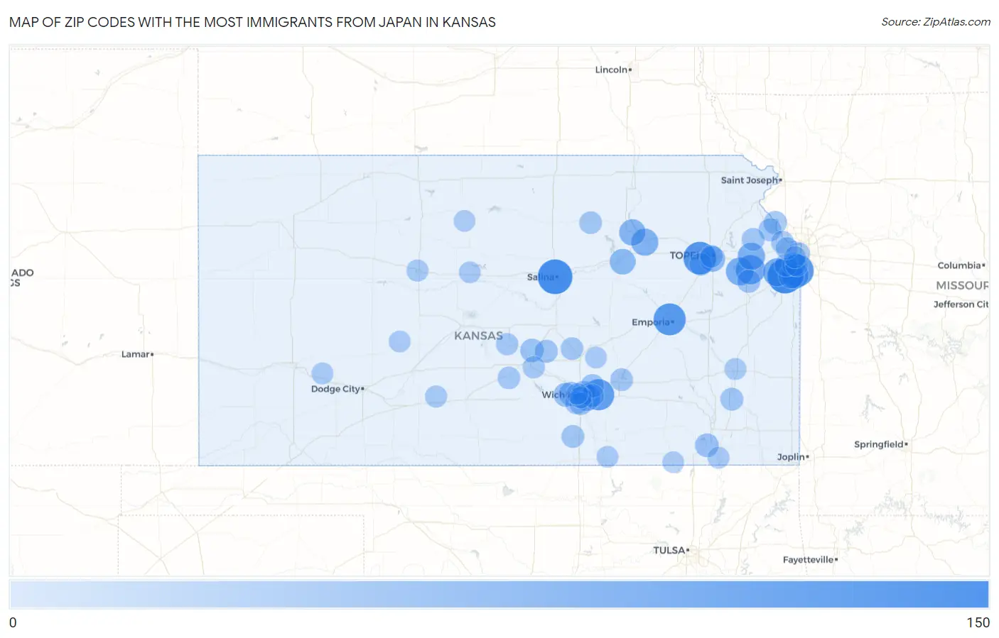 Zip Codes with the Most Immigrants from Japan in Kansas Map