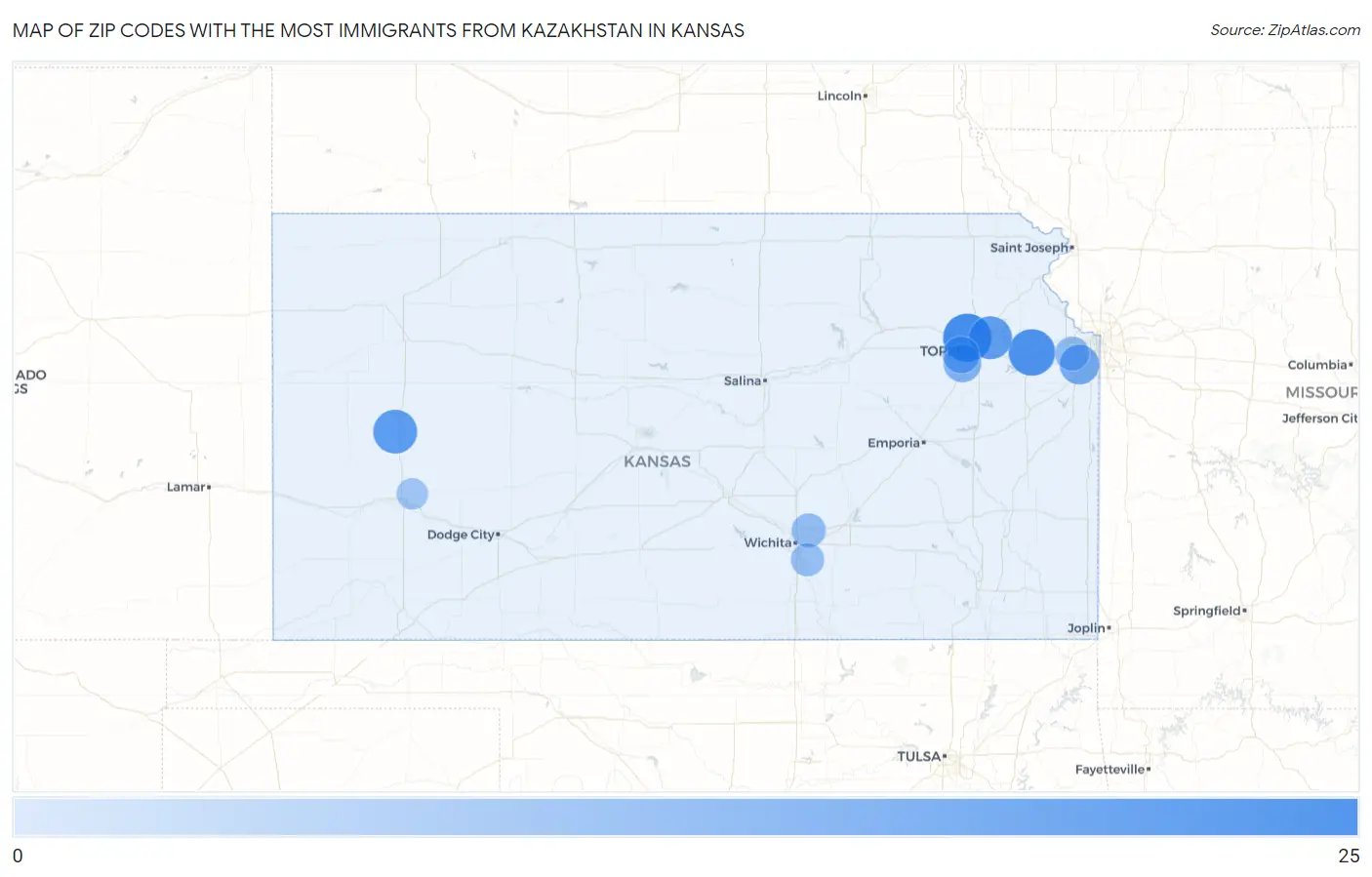 Zip Codes with the Most Immigrants from Kazakhstan in Kansas Map