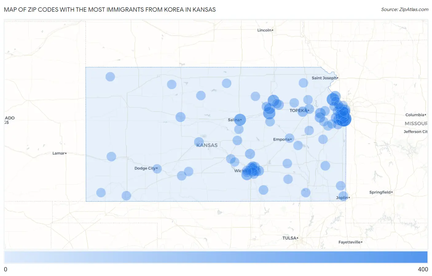 Zip Codes with the Most Immigrants from Korea in Kansas Map